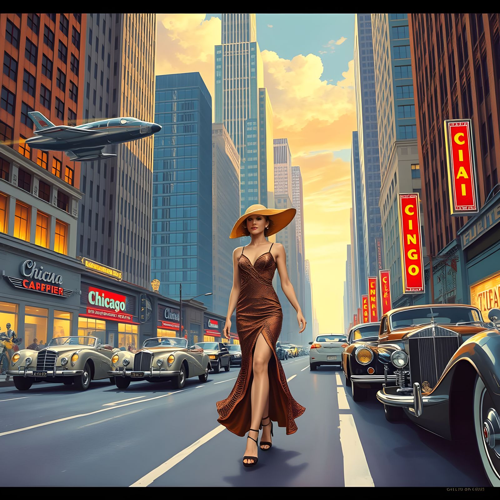 Futuristic Chicago Street Scene in Art Deco Style