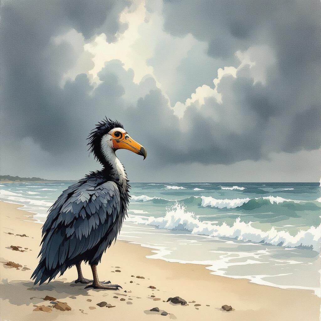 Melancholic Dodo Bird on Windswept Beach as Watercolor