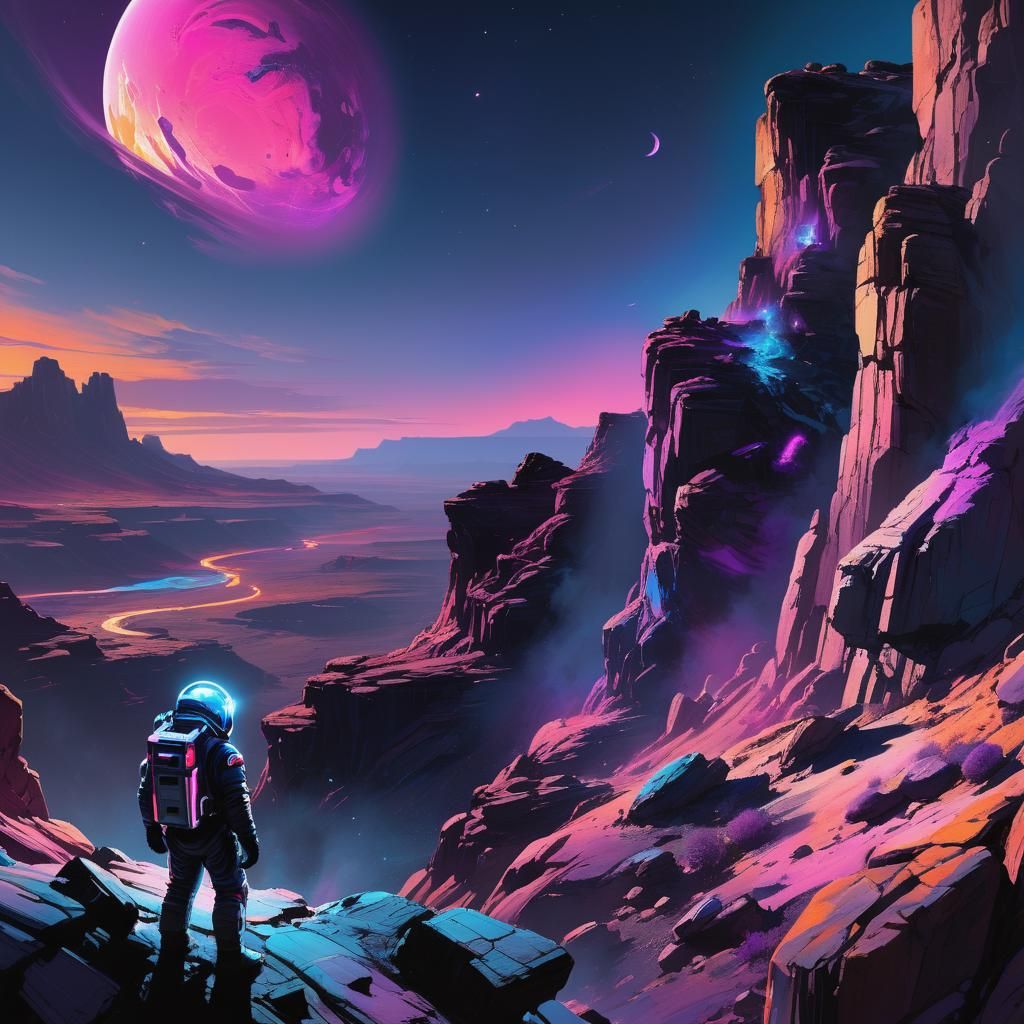 Astronaut Gazing at Neon Sunset in Digital Art Style