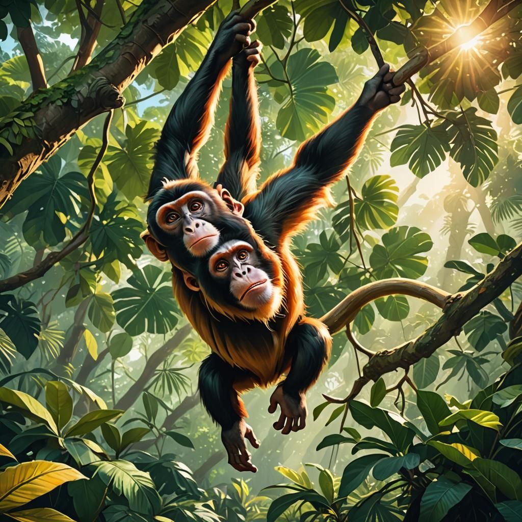 Vibrant Monkey in Lush Jungle Illustration
