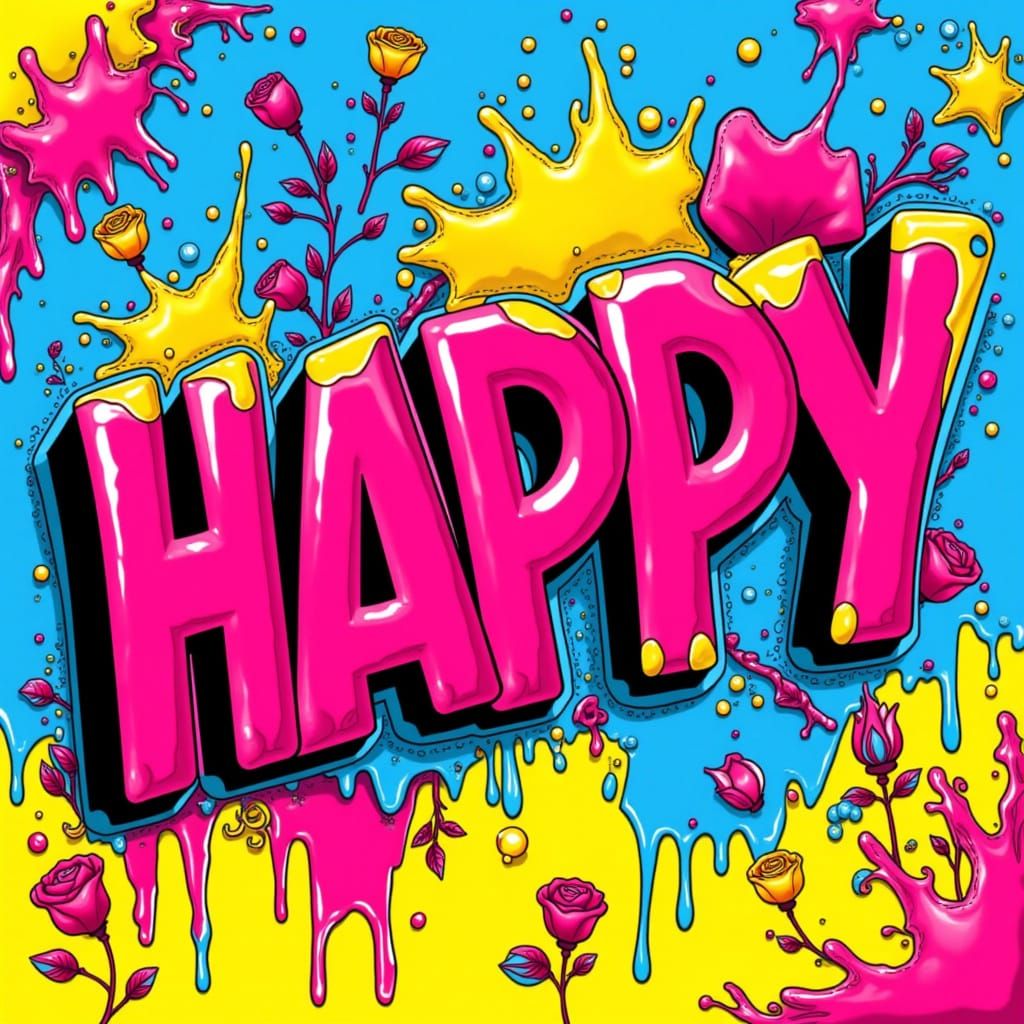 Vibrant Pop Art Poster With "HAPPY" in Bold Lettering