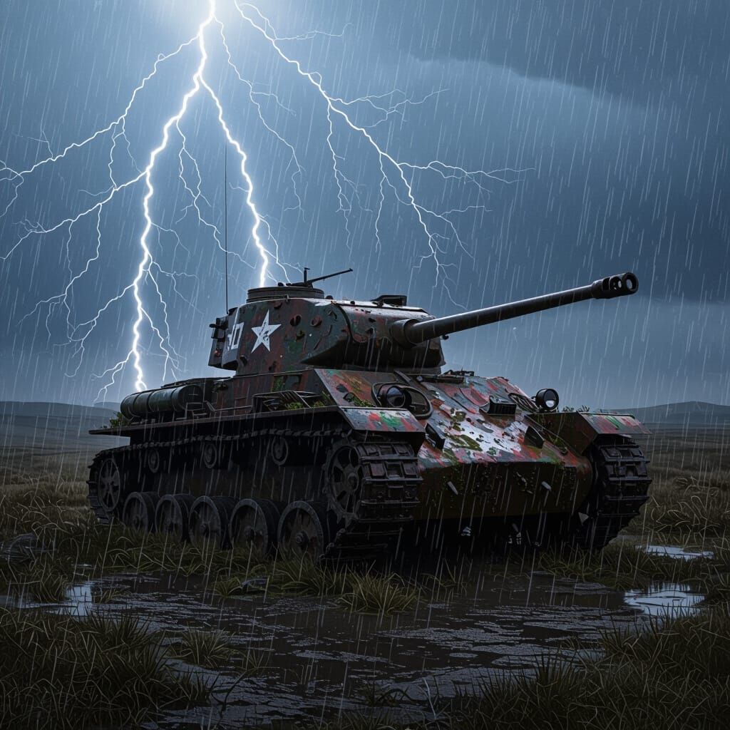 WWII Tank in Dramatic Thunderstorm Concept Art