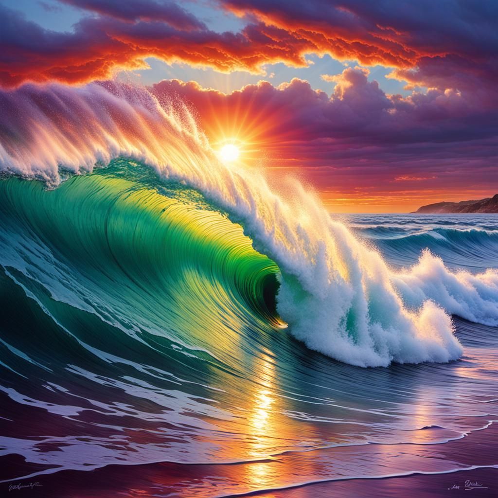 Glassy Wave at Sunset in Hyperrealistic Style