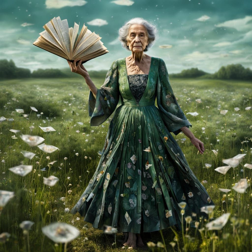 Obsidian-Eyed Woman in Surreal Glass Flower Field