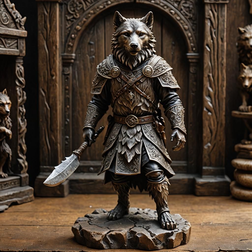 Medieval Wolf Man Figurine Carving, Detailed Matte Painting
