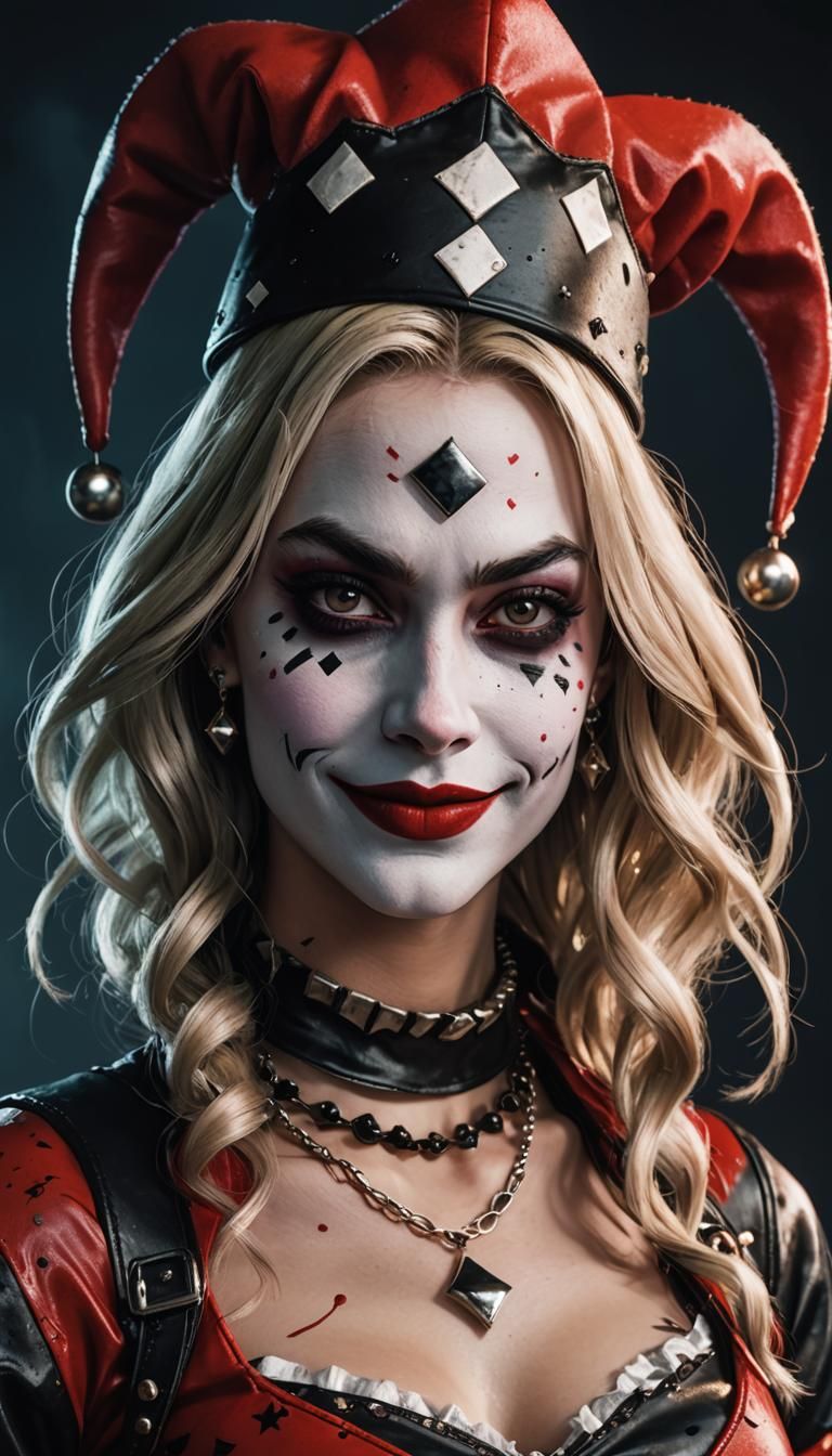 Hyper-Realistic Harley Quinn Portrait in Comic Art Style