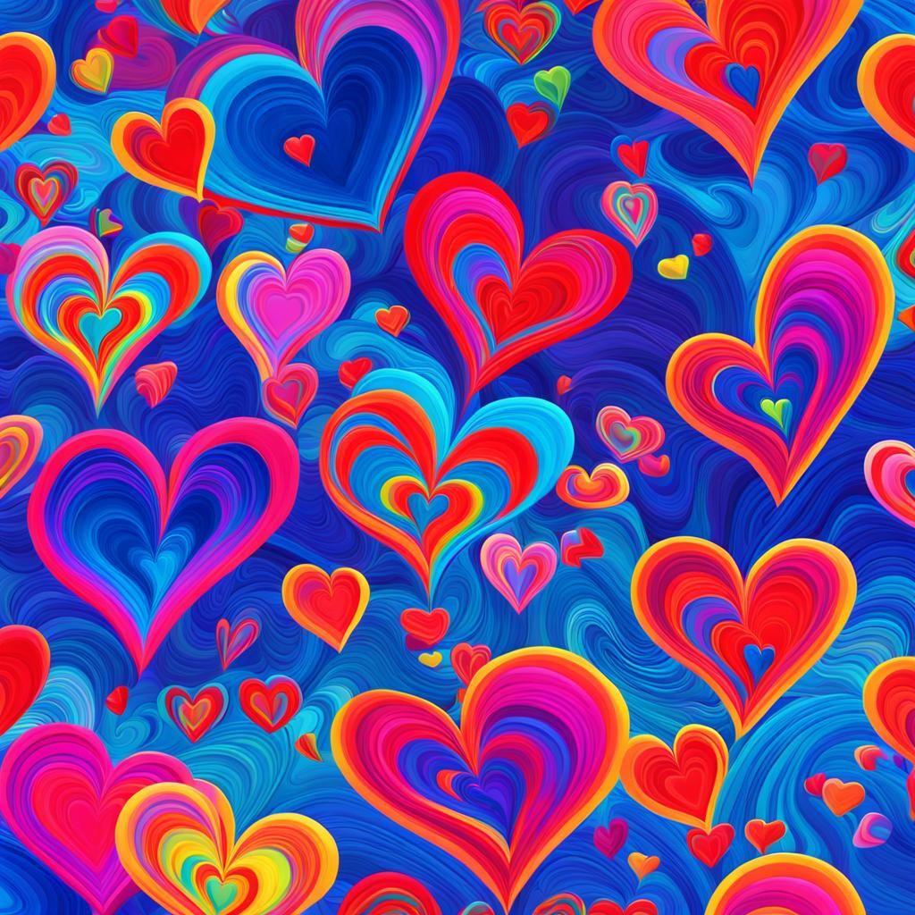 Psychedelic 3D Hearts in Pop Art Style
