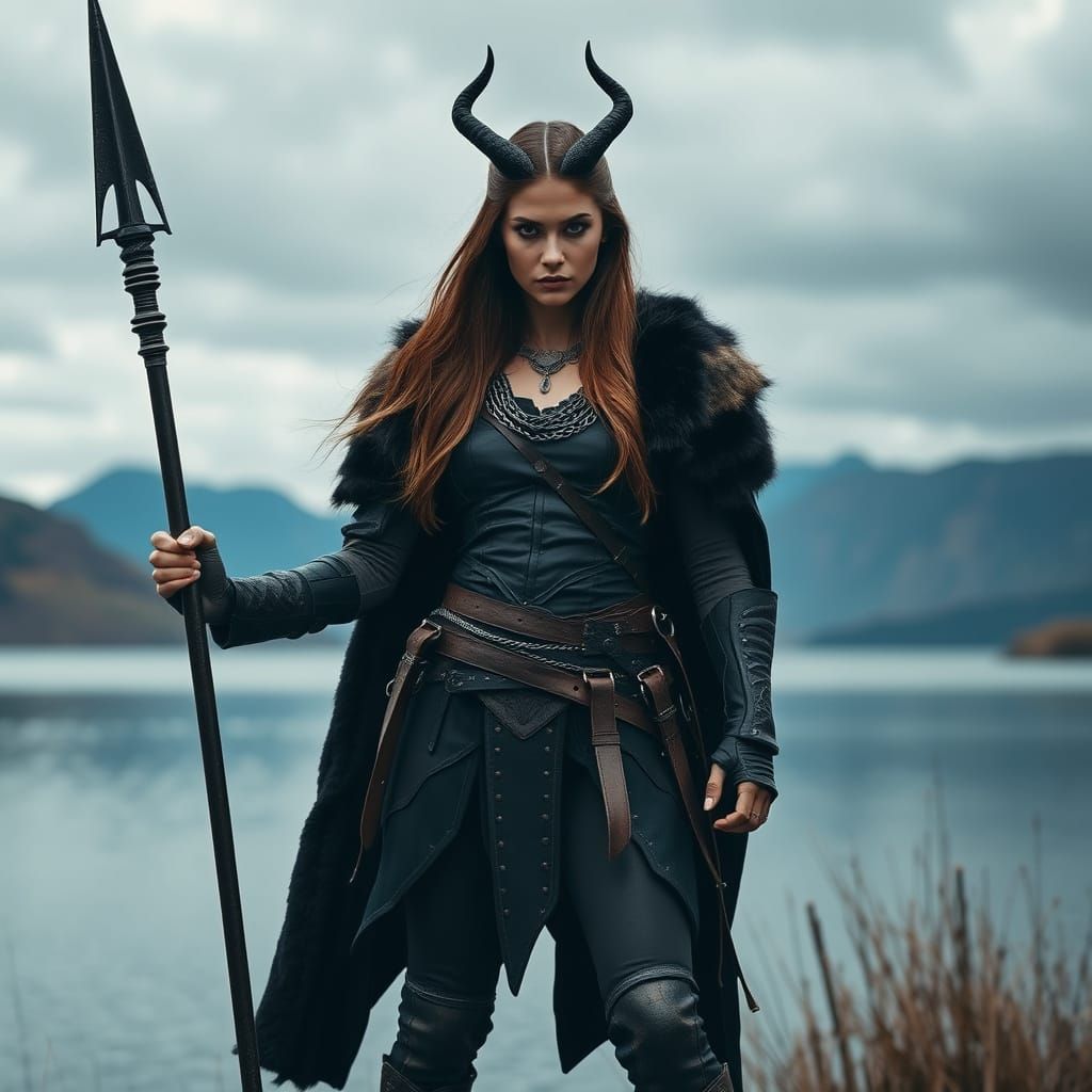 Medieval Warrior Goddess at Lake's Edge in Dramatic Atmosphe...