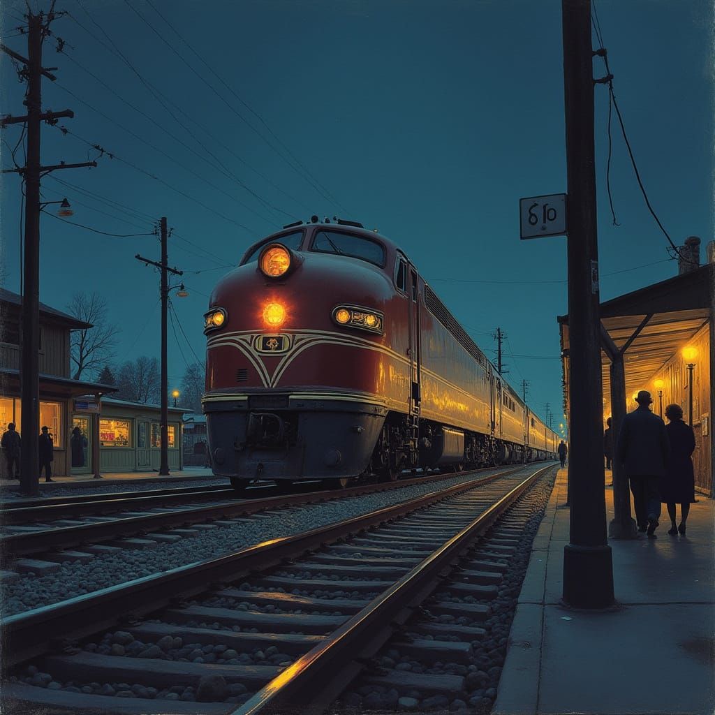 1960s Passenger Train at Night in Impressionist Style