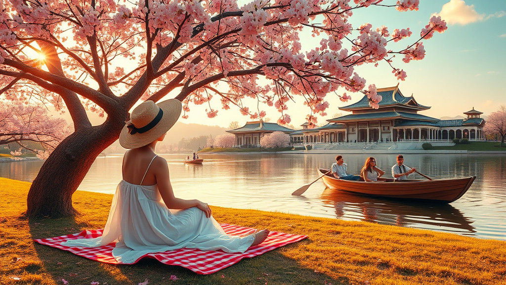 Cherry Blossom Picnic Scene in Ethereal Style