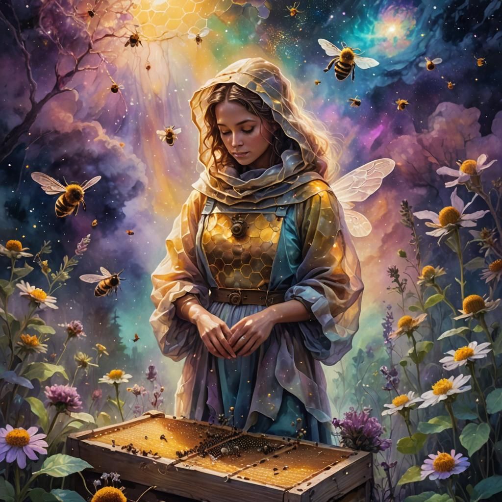 The Bee keeper standing over her Hive. heavenly sunshine beams divine bright soft focus holy in the clouds 8k resolution...