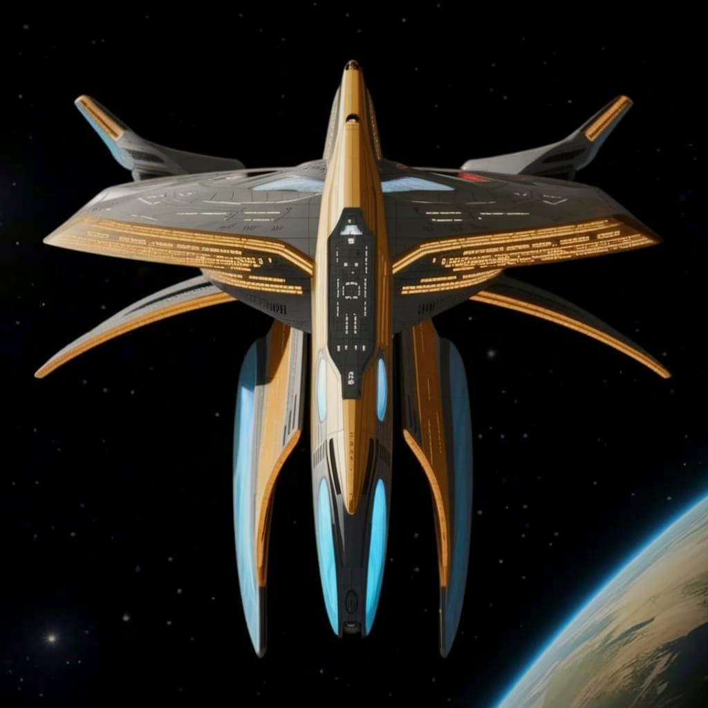Golden Starship in Art Deco Style with Bird Wing Nacelles