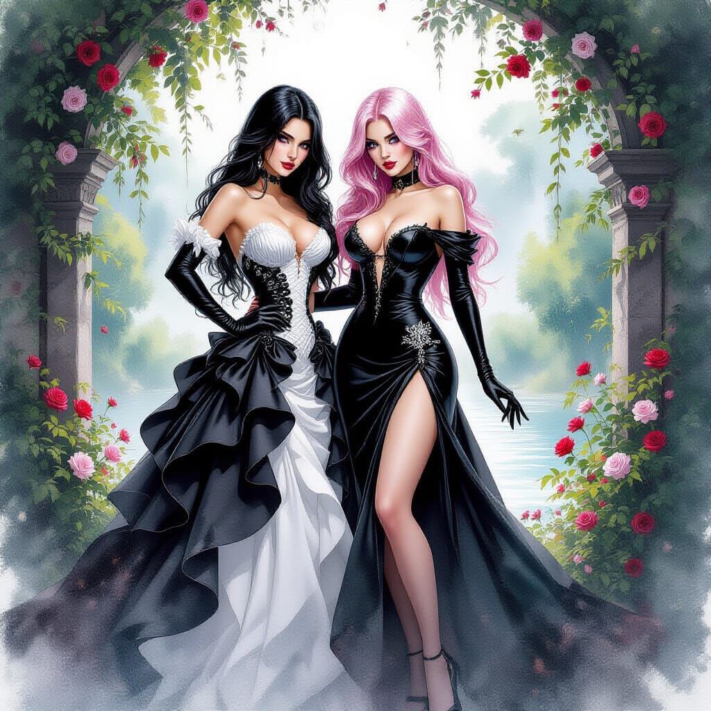 Two Women in Rose Gowns in Splatter Garden