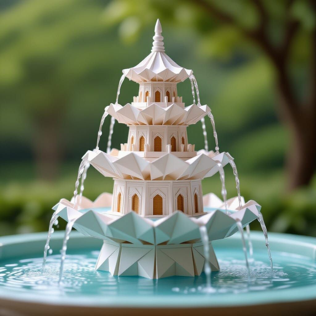 Ornate Origami Fountain Design with Water Spray