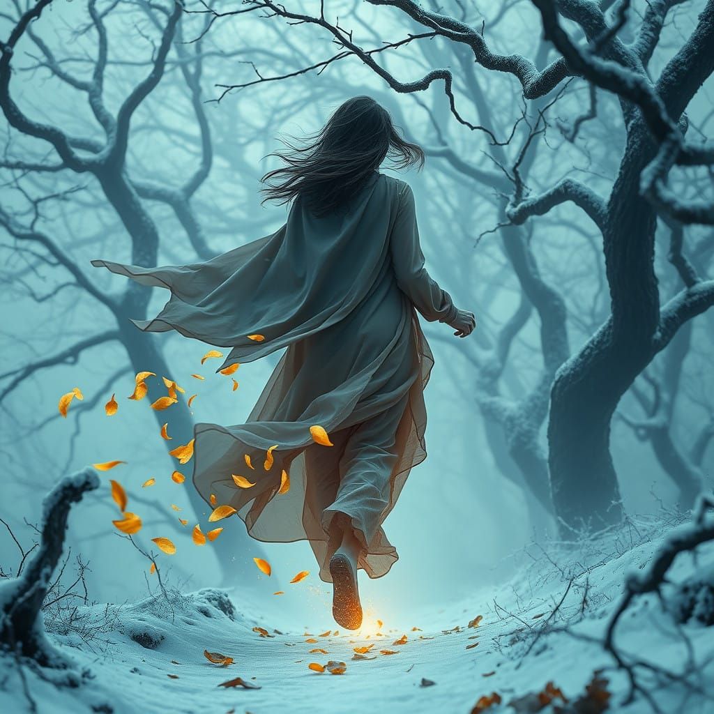 Ethereal Woman Strides into Frosty January Landscape