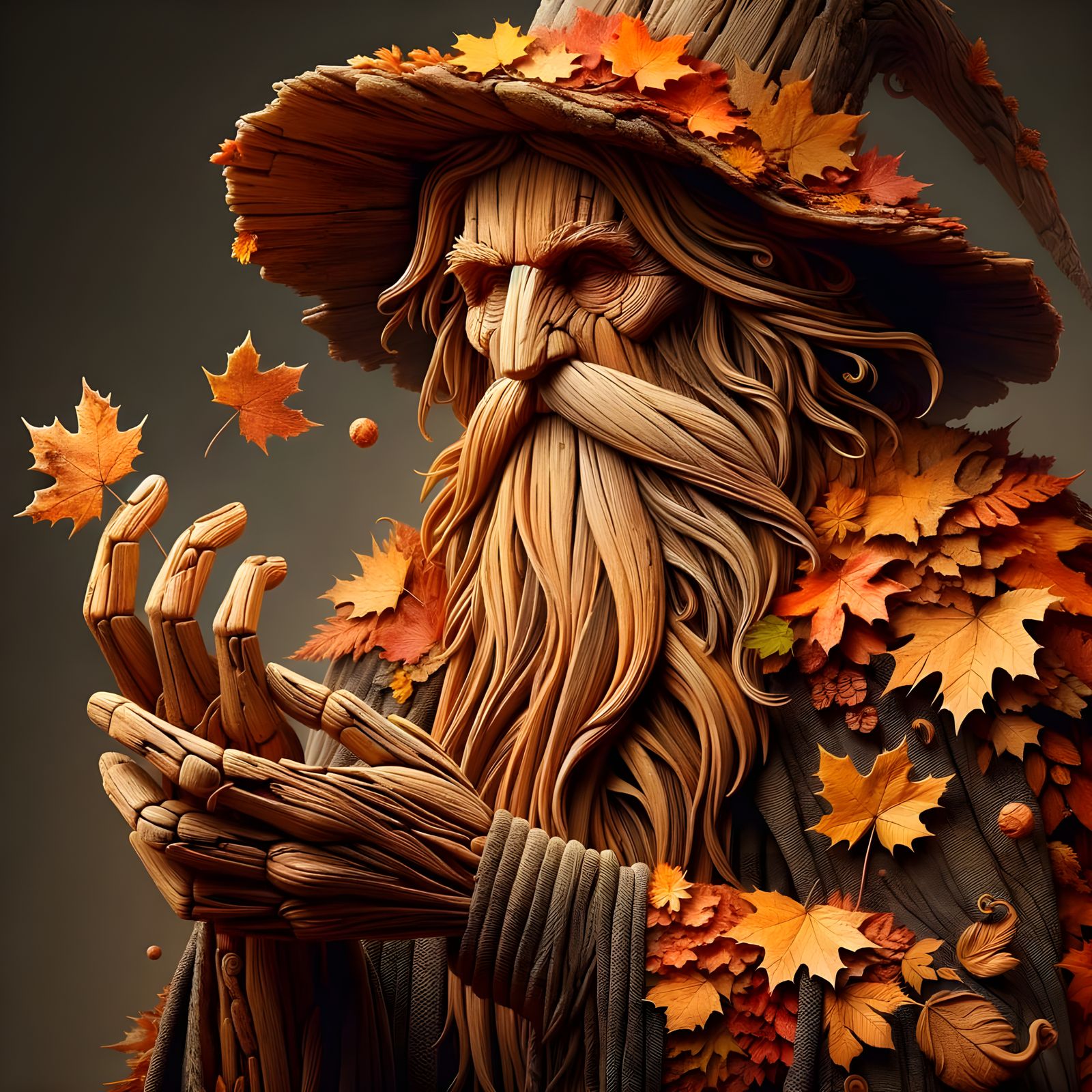 Majestic Tree Wizard Carved from Autumn Woodland