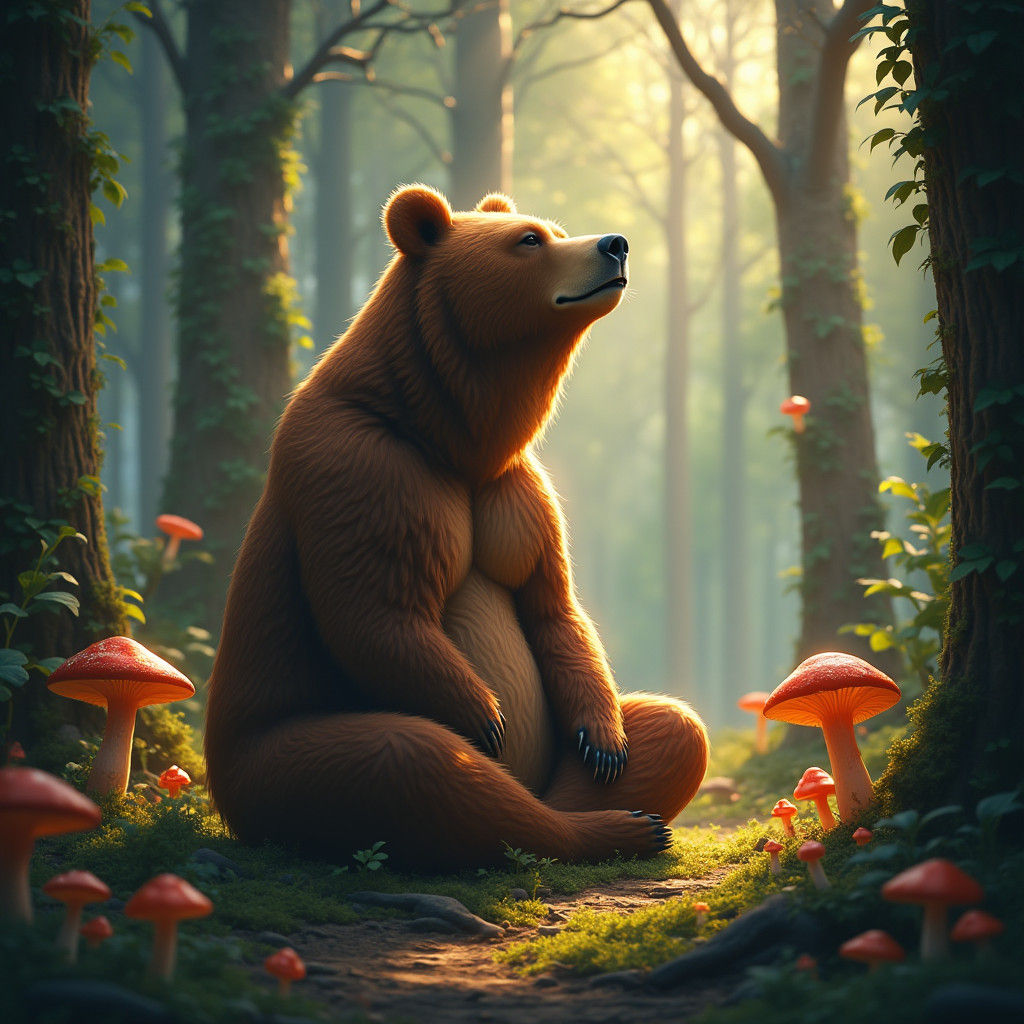 Enchanted Brown Bear in Mystical Forest