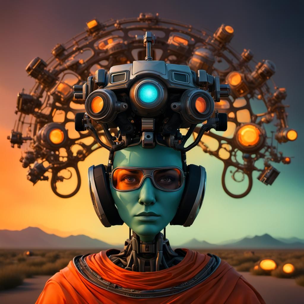 Futuristic Robot Head with Glowing Blue Eyes