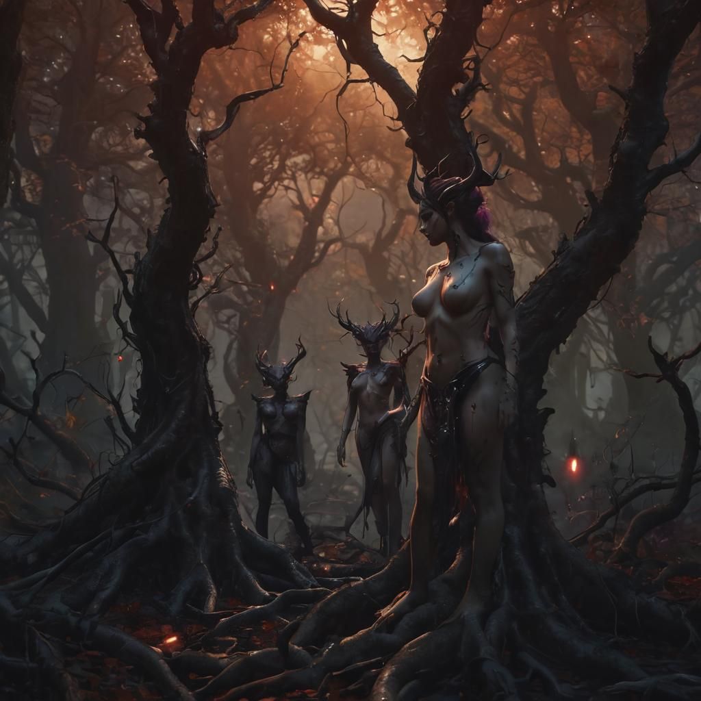 Succubi in Demonic Forest, Dark Fantasy Art