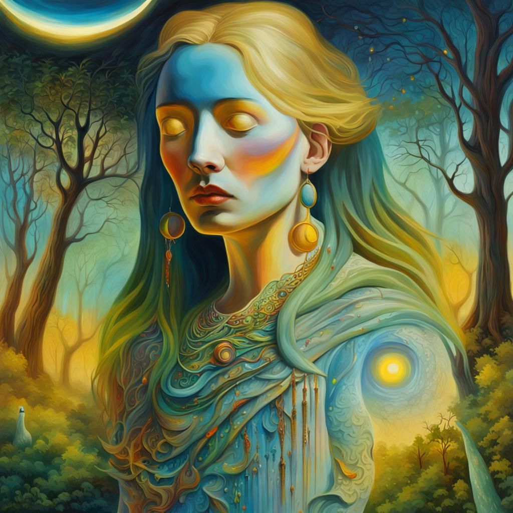 Mystical Forest Person with Moon Necklace, Surreal Oil Paint...