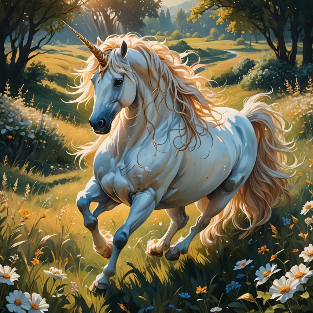 Magical Unicorn Runs Through Sunlit Field