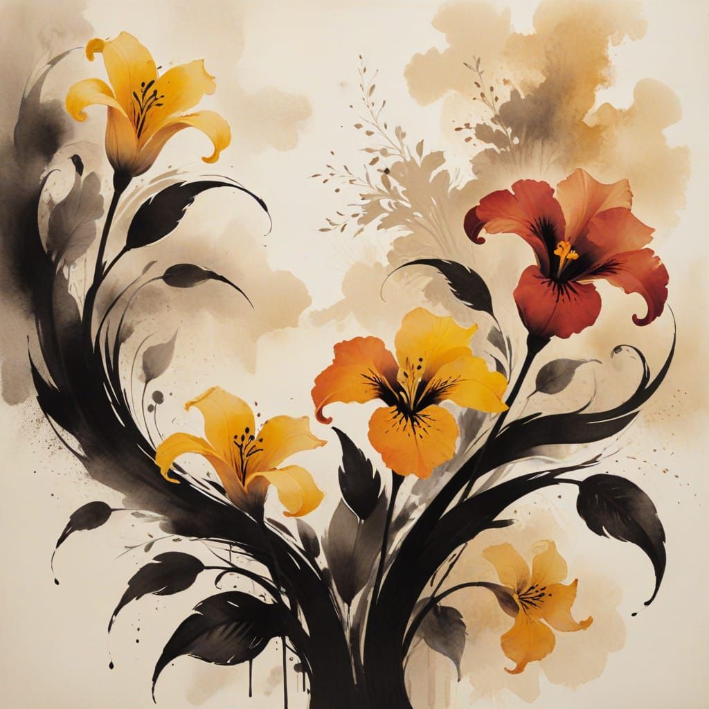 Floral Abstract in Ink Wash on Rice Paper