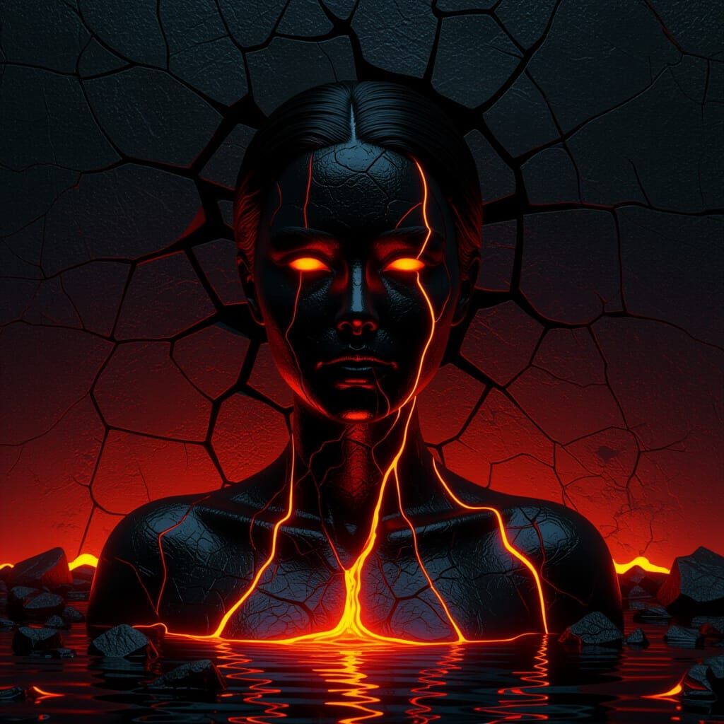 Molten Lava Woman Portrait in Synthwave Neon Style