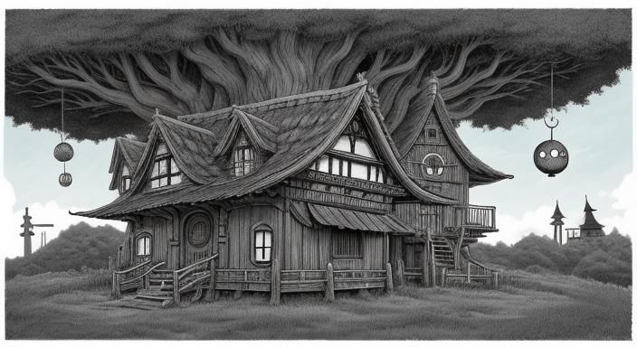 Ghibli-Inspired Witch Treehouses in Black and White