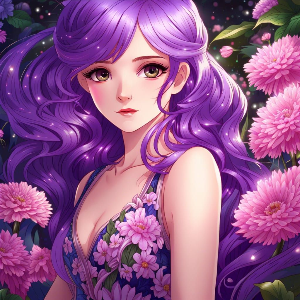 Anime Girl with Purple Hair and Flowery Dress