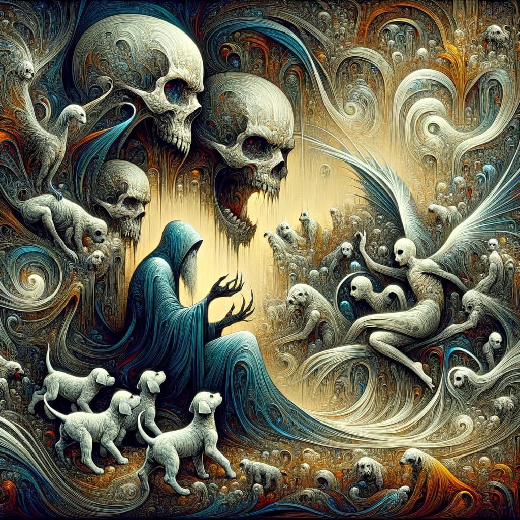 Maximalist Ink Painting of Figure With Phantom Puppies