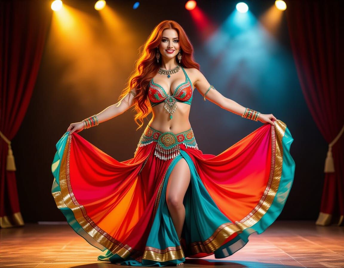 Redhead Belly Dancer on Stage in Vibrant Costume