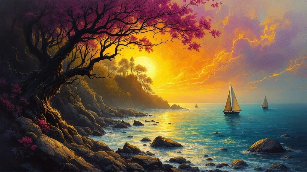 Dreamlike Coastal Forest in Vibrant Oil Paint