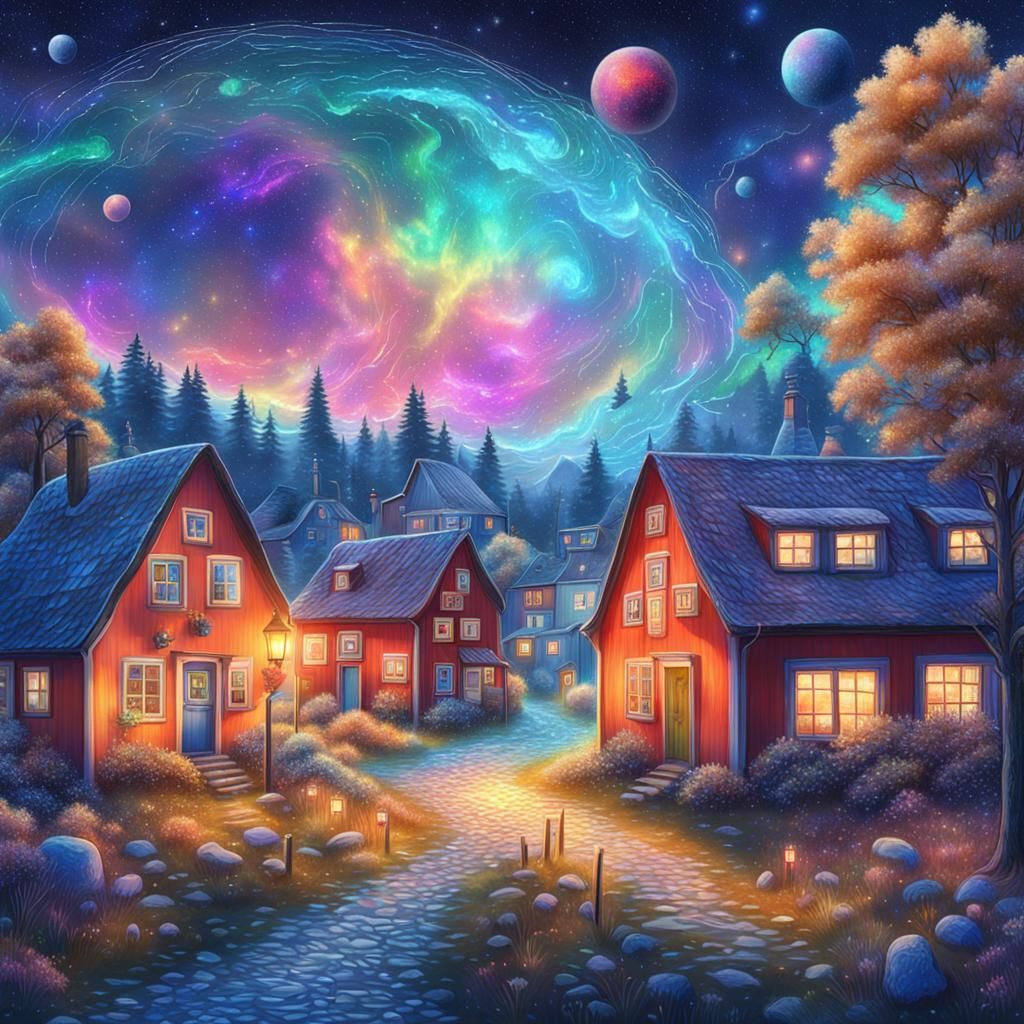 Holographic Astral Swedish Village Illustration