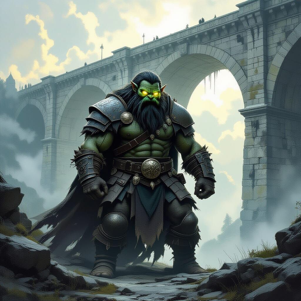 Troll Warrior Under Stone Bridge in Dark Fantasy Style