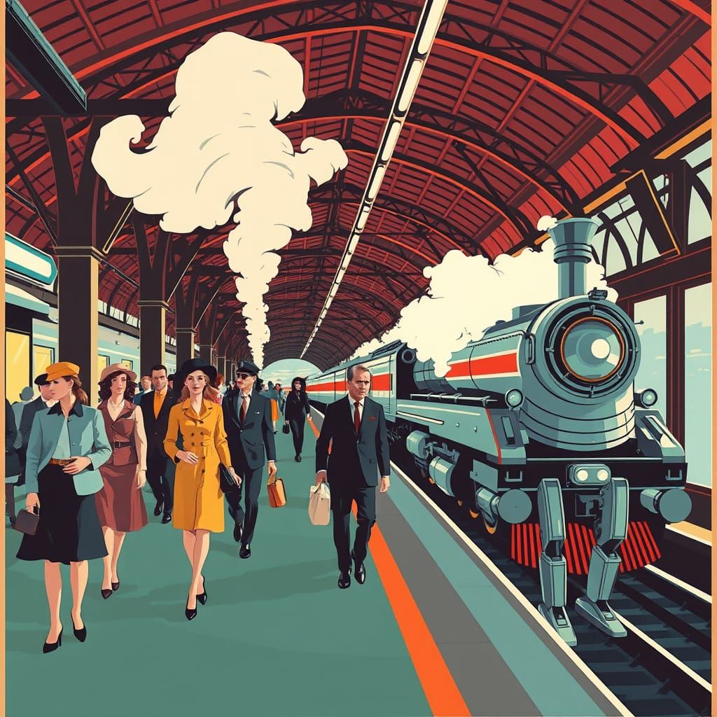 Retro-Futuristic Train Station in 1960s Poster Style