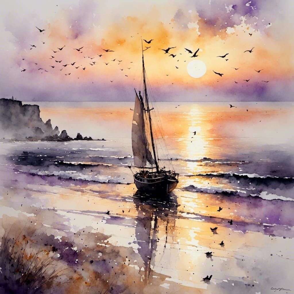 Seascape at Dawn: Boat Sails into the Light