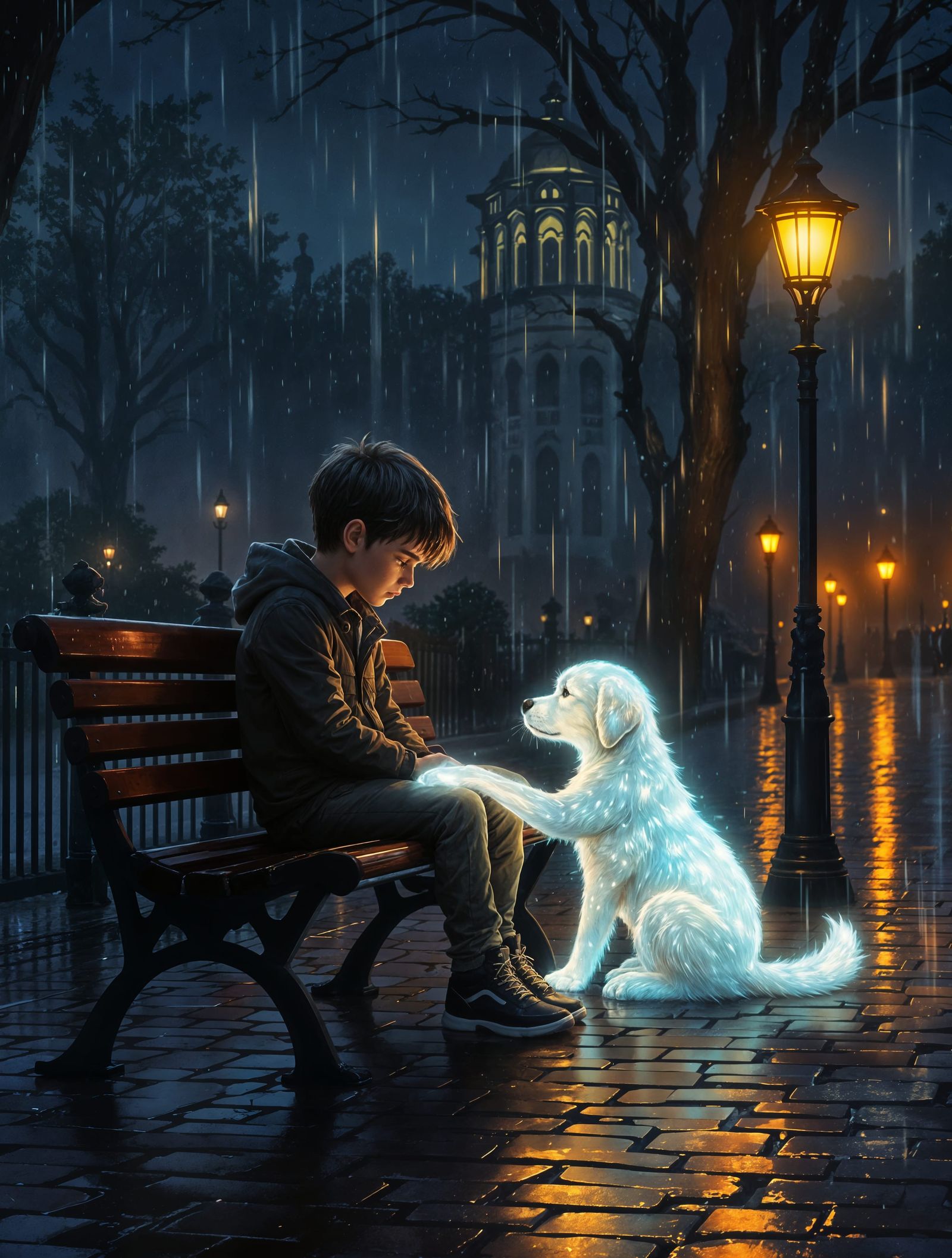 A Young Boy Finds Solace in the Rainy Night