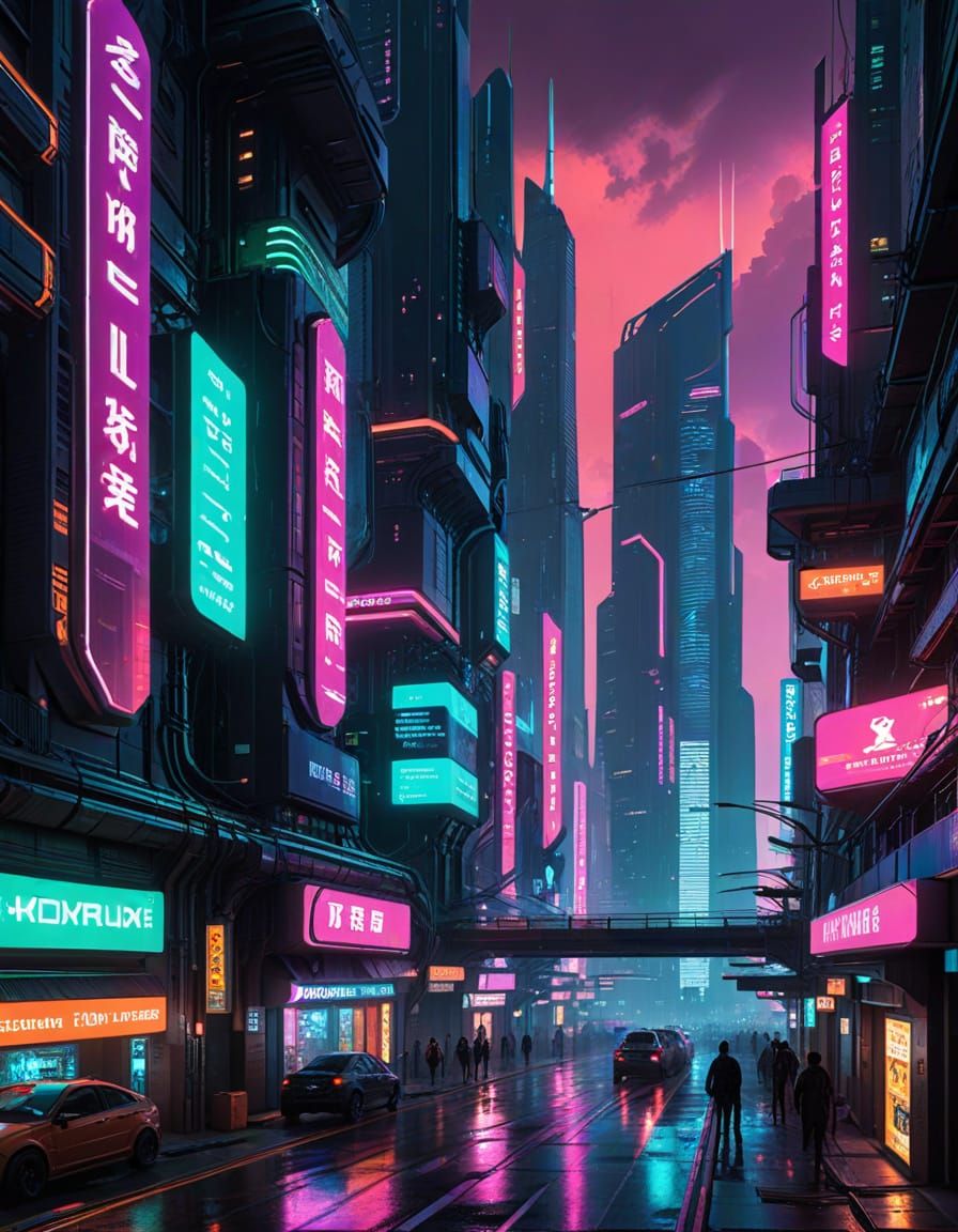 Cyberpunk Cityscape at Night with Neon Lights