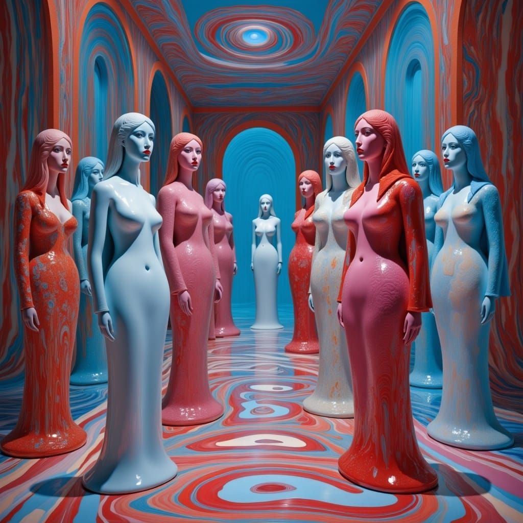 Ethereal Holographic Women in a Dreamlike Hallway