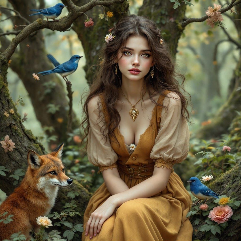 Young Girl in Fantasy Style with Brown Wavy Hair and Hazel E...