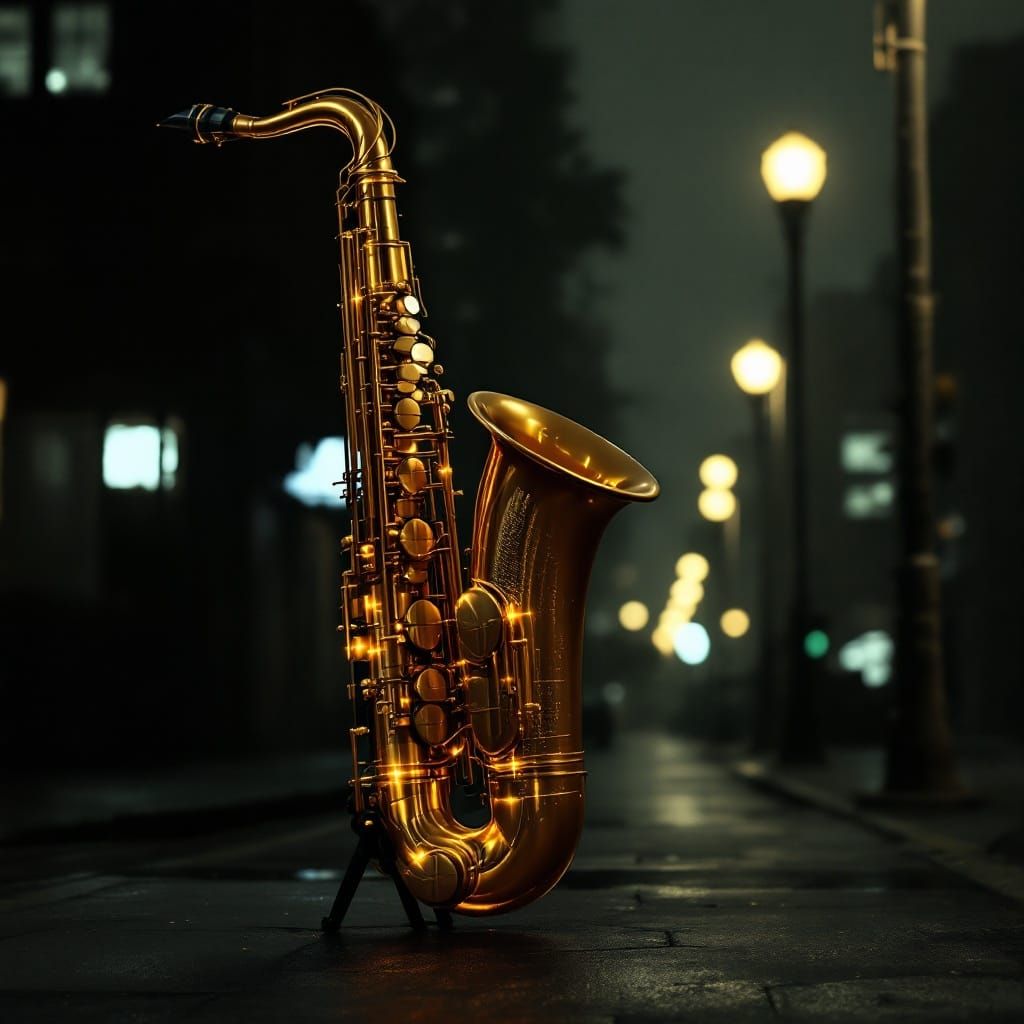Saxophone in City Streetlights, Echoing the Urban Heartbeat