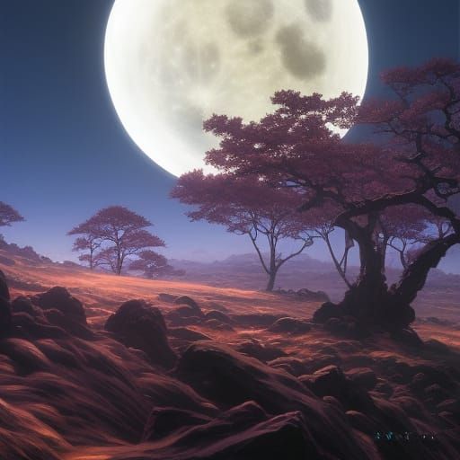 Glowy Moon Behind Landmark Tree in Digital Art