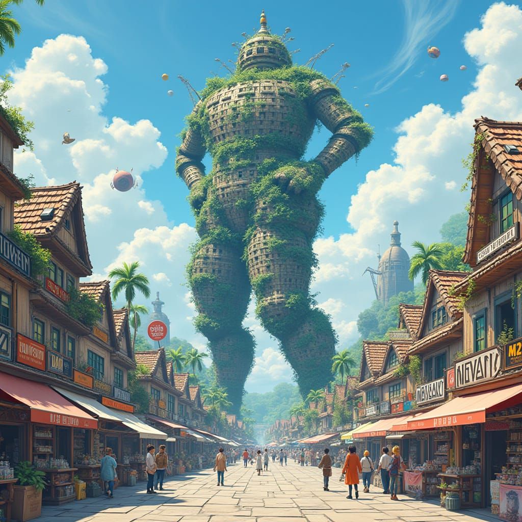 Monument in Bustling Town, Anime-Inspired Architecture