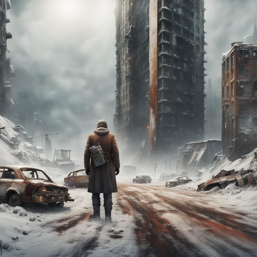 Apocalyptic Snowy Skyscrapers with Lone Figure