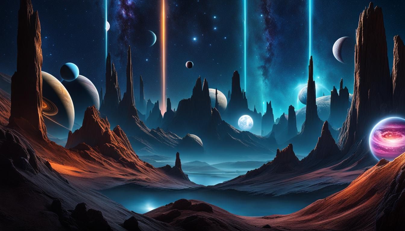 Cosmic Galaxy Displaying Planets, Stars, and Moons