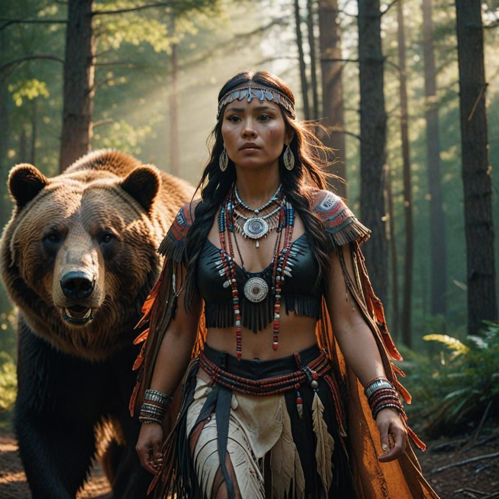 Native American Woman Walks with Majestic Bear in Forest