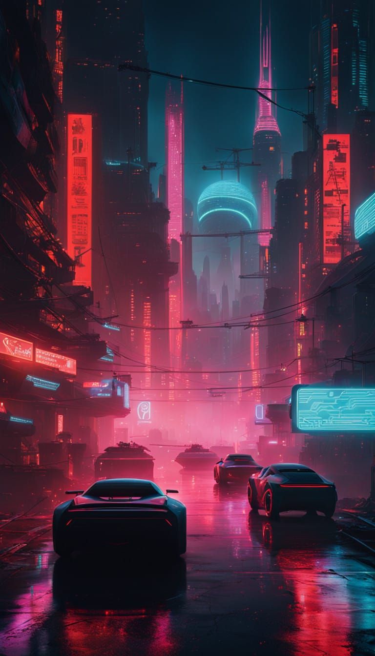 Cyberpunk Cityscape at Night with Futuristic Vehicles and Ne...