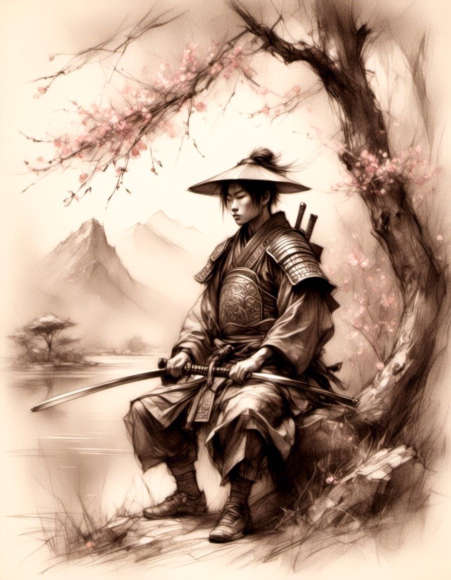 <lora:Anime:1.0> <lora:Charcoal art:1.0> Resting Samurai