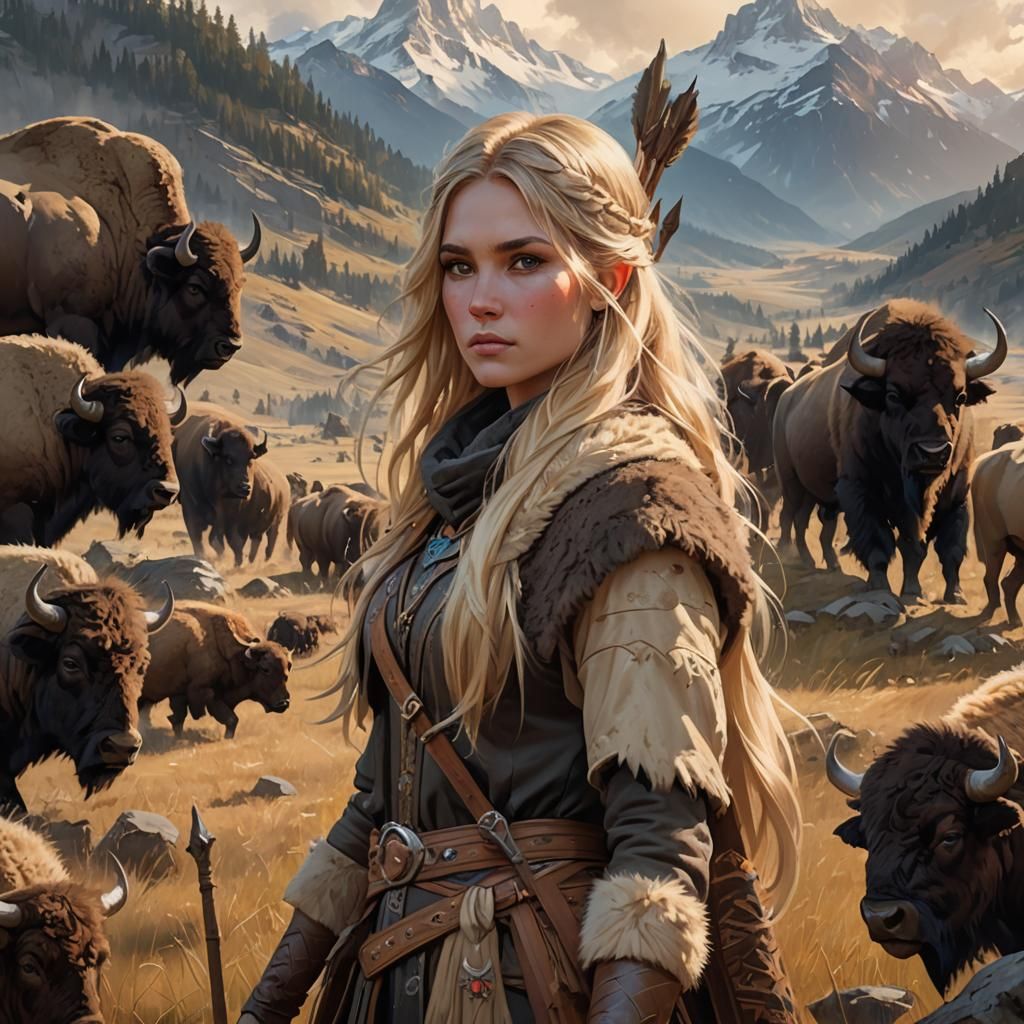 Hunter Girl Portrait in Valley, Hyperdetailed Art