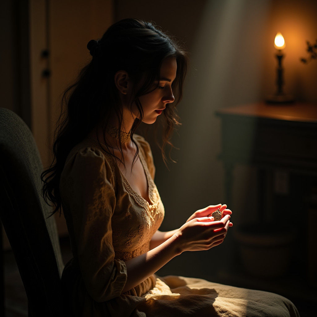 Contemplative Woman with Locket in Atmospheric Lighting